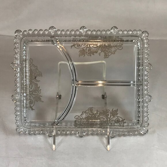 Vintage Silver Overlay Glass Rectangular 3-Section Divided Dish - Picture 3 of 7